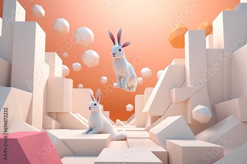 Dive into a stylish exploration of motion and form with a collection of rabbits showcasing their running and jumping prowess in a modern and trendy geometric setting.