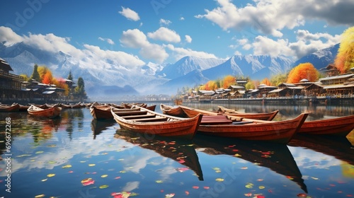 Beautiful view of the colorful Shikara boats floating on Dal Lake, Srinagar, Kashmir, India. with surounding snowy mountains . photo