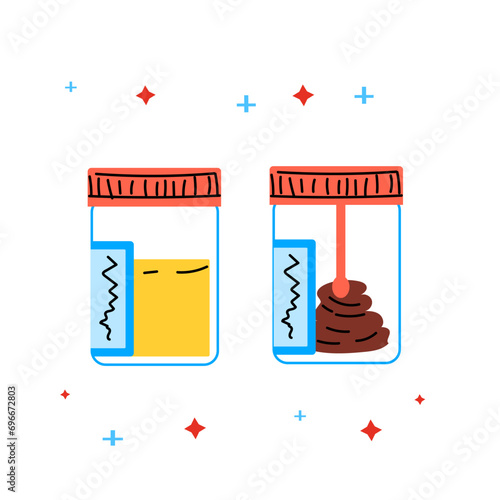 cartoon analyses jars for medical background. Vector illustration of stool and urine jars. 