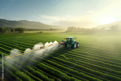 Tractor spray fertilizer on green field drone high angle view photo