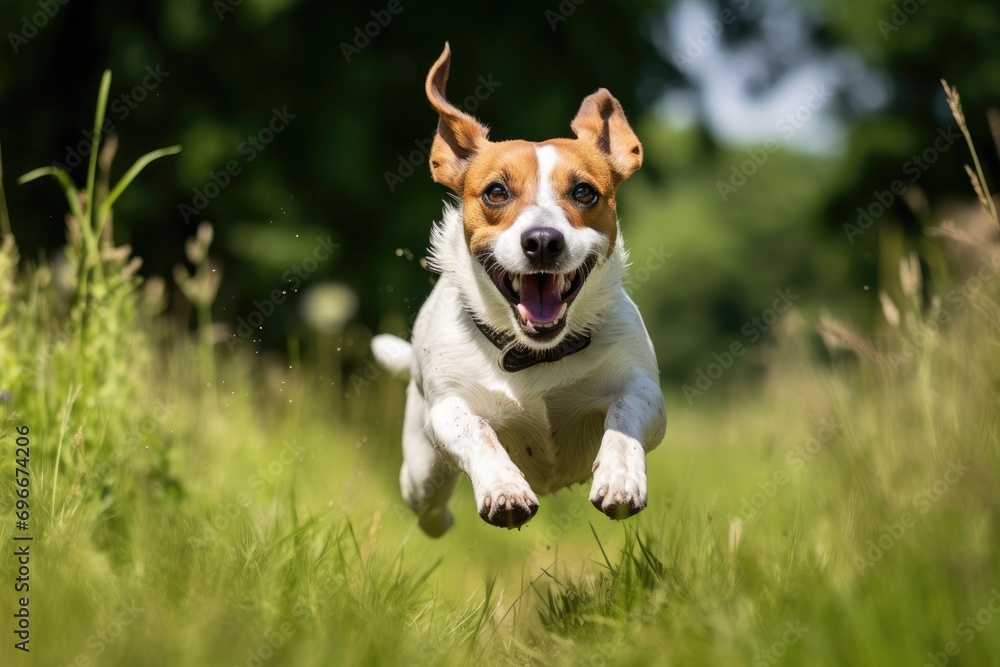 Funny Jack Russell Terrier dog running on the grass in summer, A Jack Russell Terrier runs energetically in the grass, forming a horizontal banner, AI Generated Funny Jack Russell Terrier dog running on the grass in summer, A Jack Russell Terrier runs energetically in the grass, forming a horizontal banner, AI Generated
