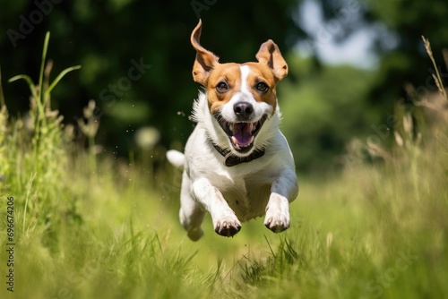 Funny Jack Russell Terrier dog running on the grass in summer, A Jack Russell Terrier runs energetically in the grass, forming a horizontal banner, AI Generated