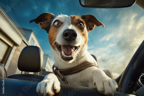 Jack russell terrier dog driving in a convertible car, A Jack Russell Terrier dog is captured in a car on the road, AI Generated