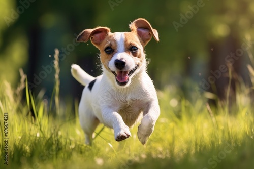 Funny dog running in the grass. Jack Russell Terrier  A Jack Russell Terrier runs energetically in the grass  forming a horizontal banner  AI Generated