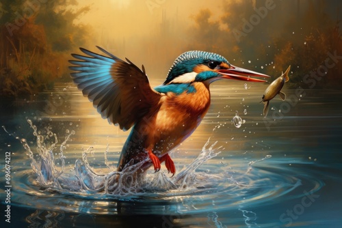 Kingfisher and fish in the water. 3D illustration, A Kingfisher catching a fish in the water, identified as Alcedo atthis, AI Generated © Iftikhar alam