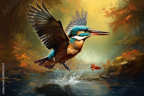 Digital painting of a Kingfisher catching a fish in the water, A Kingfisher skillfully capturing a fish mid-flight, AI Generated