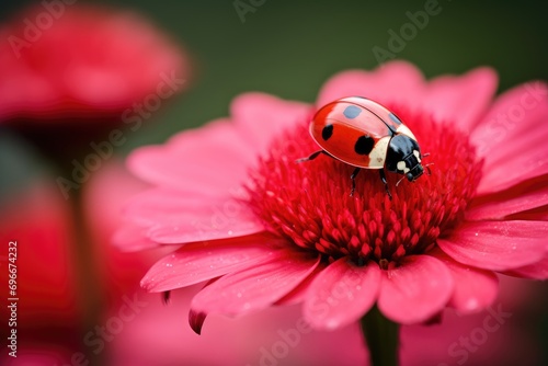 Ladybug on pink flower. Ladybug on a red flower, A ladybug sitting on a red flower against a blurred background, AI Generated