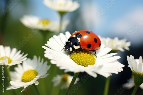 ladybug on camomile flower meadow in summer day, A lovely ladybug perched on a white flower, AI Generated