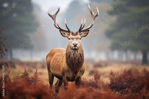 Red deer stag in autumn forest during rutting season, UK, A majestic Red Deer Cervus elaphus stag is seen in the morning mist in the UK, AI Generated