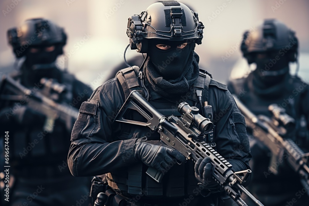 Spec ops police officers in action during an urban riot. Selective focus, A military special force equipped with futuristic tactical gear and weapons, Modern warfare infantry troops, AI Generated