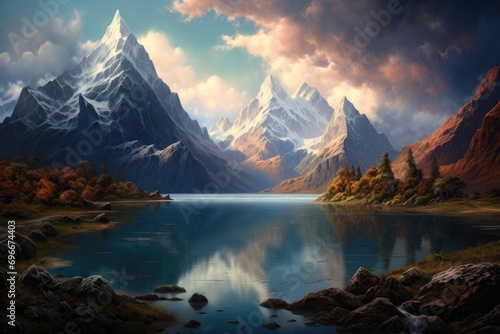 Fantasy landscape with mountain lake and reflection in water at sunset, A mountain lake, AI Generated © Iftikhar alam