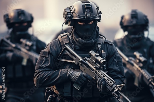 Spec ops police officers in action during an urban riot. Selective focus, A military special force equipped with futuristic tactical gear and weapons, Modern warfare infantry troops, AI Generated