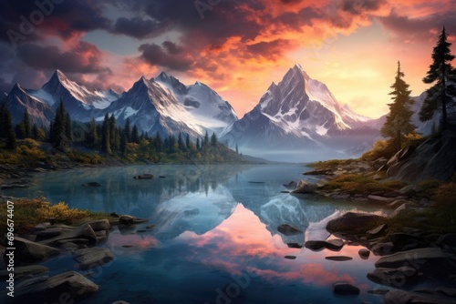 Mountain landscape with lake and forest at sunset. Digital painting  A mountain lake  AI Generated