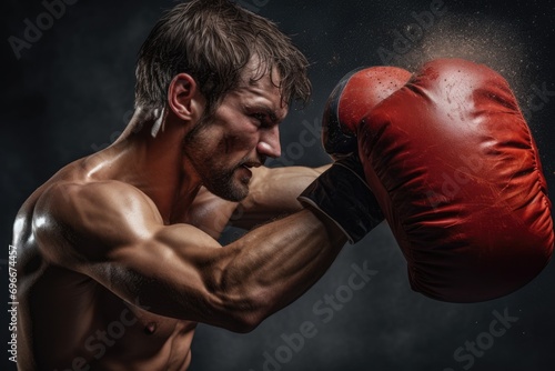 Handsome muscular man with red boxing gloves on dark background, A muscular man forcefully punching a sandbag with boxing gloves, top section cropped, side view, faces not revealed, AI Generated © Iftikhar alam
