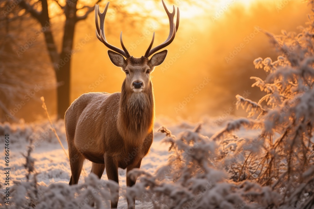 Red Deer Cervus elaphus in Winter, UK, Red Deer Cervus elaphus in Winter at Sunrise, AI Generated Red Deer Cervus elaphus in Winter, UK, Red Deer Cervus elaphus in Winter at Sunrise, AI Generated