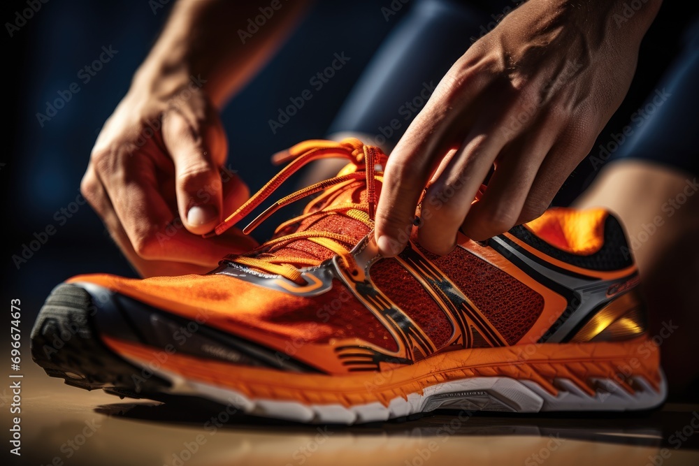 Close up of male hands tying shoelaces on running shoes, Sportsman tying sports shoes close up view, top section cropped, no deformations, AI Generated Close up of male hands tying shoelaces on running shoes, Sportsman tying sports shoes close up view, top section cropped, no deformations, AI Generated