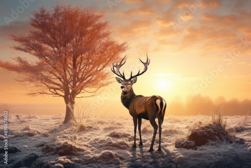 Red deer in winter landscape with trees at sunset. 3d render  Red Deer Cervus elaphus in Winter at Sunrise  AI Generated