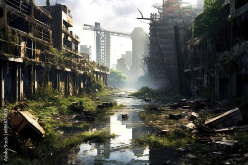 Ruins of a very heavily polluted industrial factory, place was known as one of the most polluted towns in Europe, A post-apocalyptic city, gloomy overgrown buildings, AI Generated