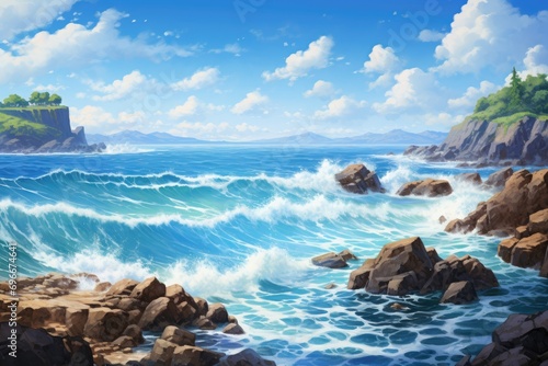 Beautiful seascape with rocks and blue sea. Digital painting, A Rocky Beach landscape view with rough sea waves and beautiful sky, AI Generated