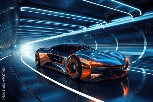 3D rendering of a concept car in a tunnel with motion blur, A sports car, a futuristic autonomous vehicle in a tunnel. HUD car, AI Generated