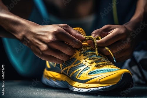 cropped shot of sportsman tying shoelaces on sports shoes, Sportsman tying sports shoes close up view, top section cropped, no deformations, AI Generated photo