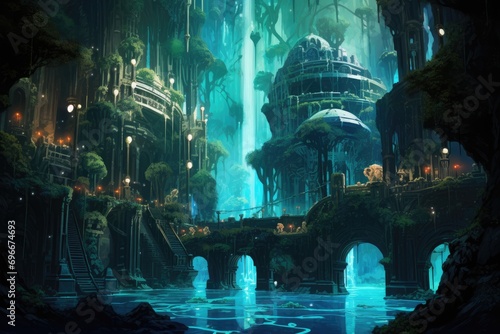 Fantasy alien planet. 3d rendering. Computer digital drawing, A thriving hidden oceanic civilization with enchanting architecture, bioluminescent plants, and mysterious inhabitants, AI Generated