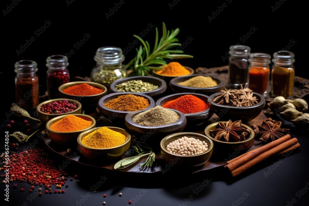 Spices and herbs on the table in composition on the black background, A variety of spices in glass bowls and a mortar are arranged on a black slate background, AI Generated Spices and herbs on the table in composition on the black background, A variety of spices in glass bowls and a mortar are arranged on a black slate background, AI Generated