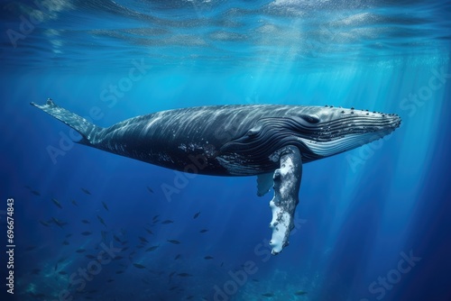 Humpback whale in the deep blue ocean. Marine life  A whale gracefully swimming in the deep blue sea  specifically a Humpback whale in the ocean  AI Generated