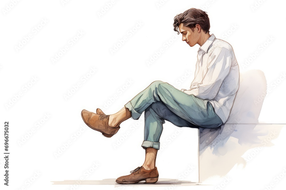 Young man sitting on the floor with legs crossed and looking down isolated on white background, A young man doing leg stretching, top section cropped, side view, AI Generated Young man sitting on the floor with legs crossed and looking down isolated on white background, A young man doing leg stretching, top section cropped, side view, AI Generated