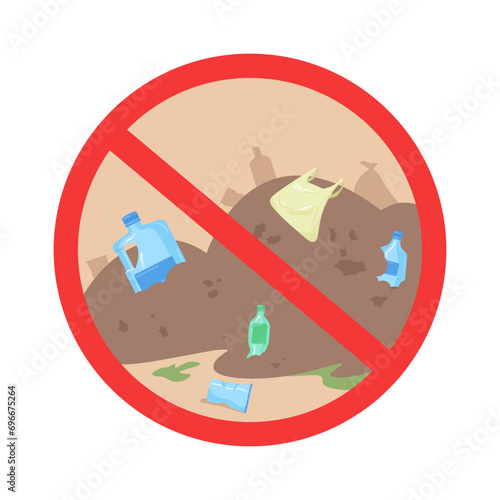 Forbidden circle with garbage inside vector illustration. Plastic bottles, cups, packages. Ban on non-recyclable packaging concept photo