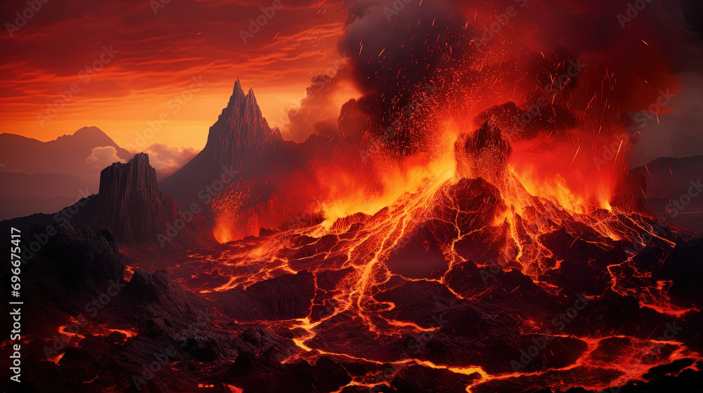Majestic Mountains Awaken as Volcanic Explodes, Cascade of Molten Lava Flowing Down - obrazy, fototapety, plakaty 