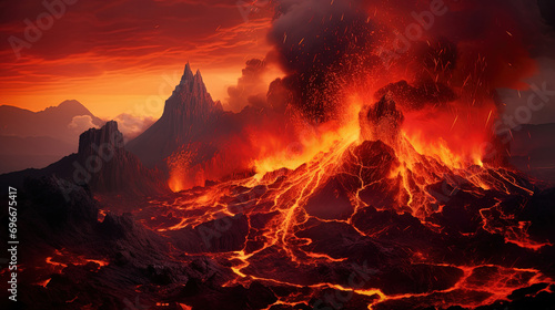 Majestic Mountains Awaken as Volcanic Explodes, Cascade of Molten Lava Flowing Down photo