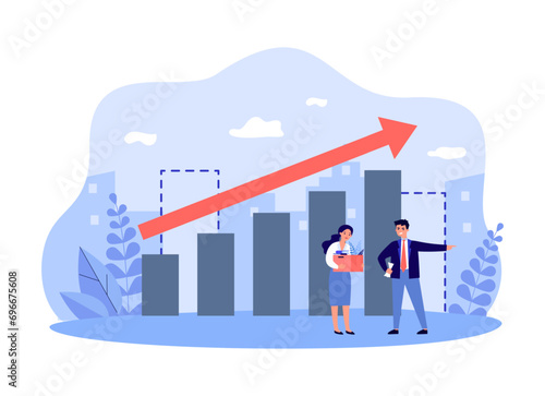 Executive manager firing female employee vector illustration. Boss pointing woman with carton box to door. Diagram with rising arrow of unemployment Job cuts, dismissal of worker concept