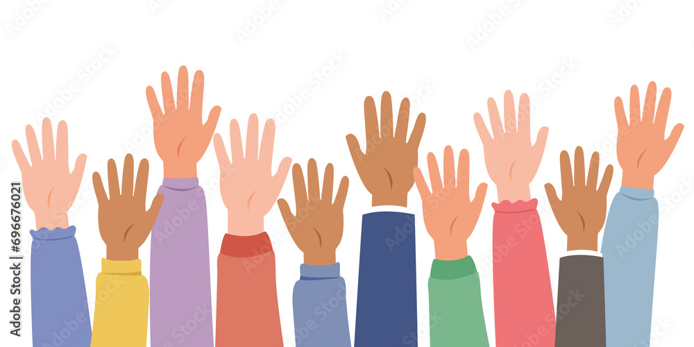 Hands raised up together. Human hands different skin colors.
