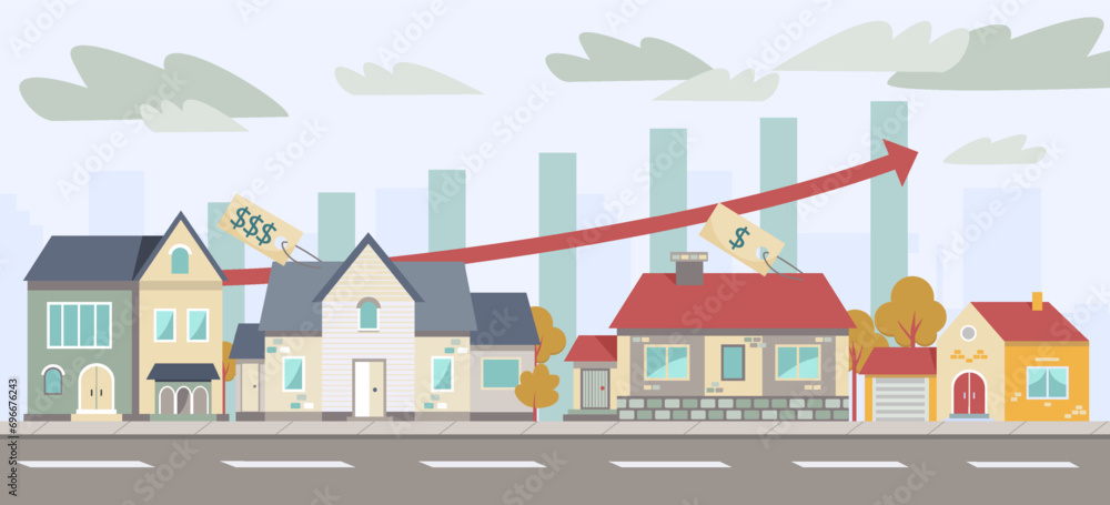 Houses with sale tags in street vector illustration. Diagram with arrow up on background. Housing crisis, problems in real estate sector, development of affordable housing concept