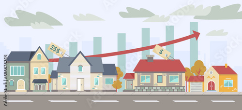 Houses with sale tags in street vector illustration. Diagram with arrow up on background. Housing crisis, problems in real estate sector, development of affordable housing concept