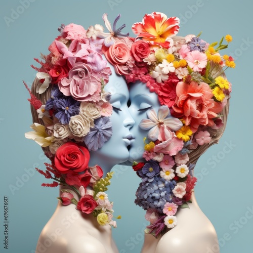 Whimsical Love. Couple Kissing with Artistic Floral Head Accents