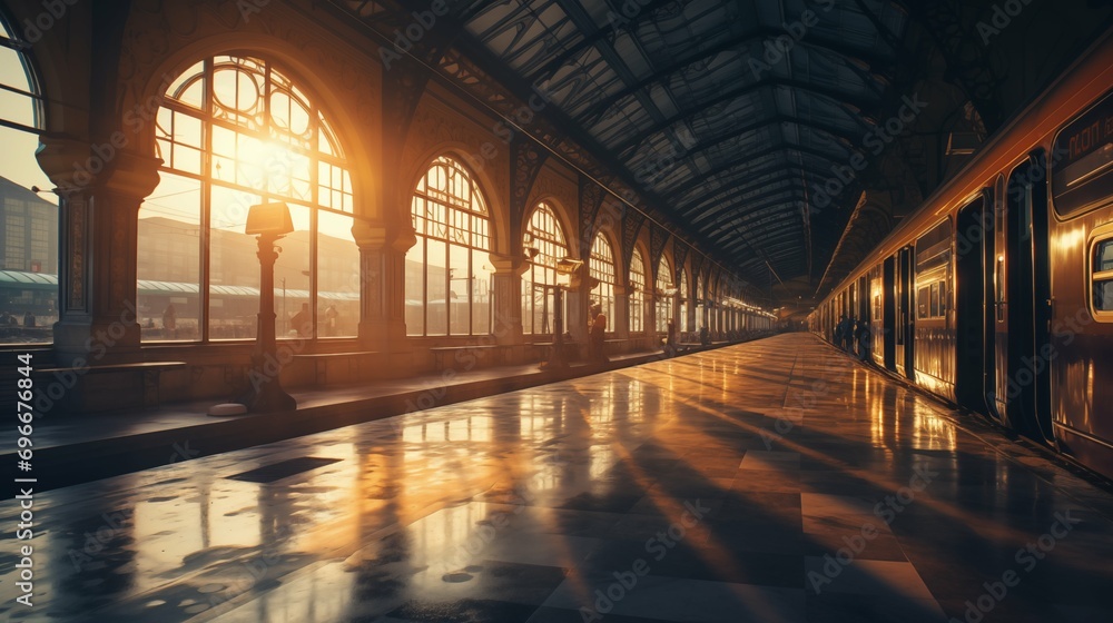 Interior of a train station at sunset. 3D Rendering