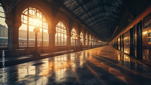 Interior of a train station at sunset. 3D Rendering