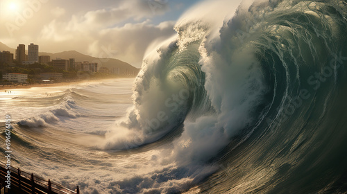 Fotografiet The Unstoppable of a Massive Tsunami Wave Brings Devastation and Disaster in its