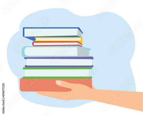 hands holding pile of books over light blue background or education library and science knowledge