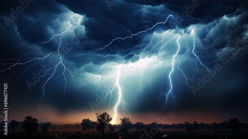 Dramatic and Terrible Thunderstorm Across the Dark Sky, Illuminated by Striking Bolts of Lightning