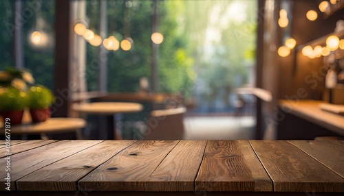 Wood table on a blur of cafe, coffee shop, bar, background. photo
