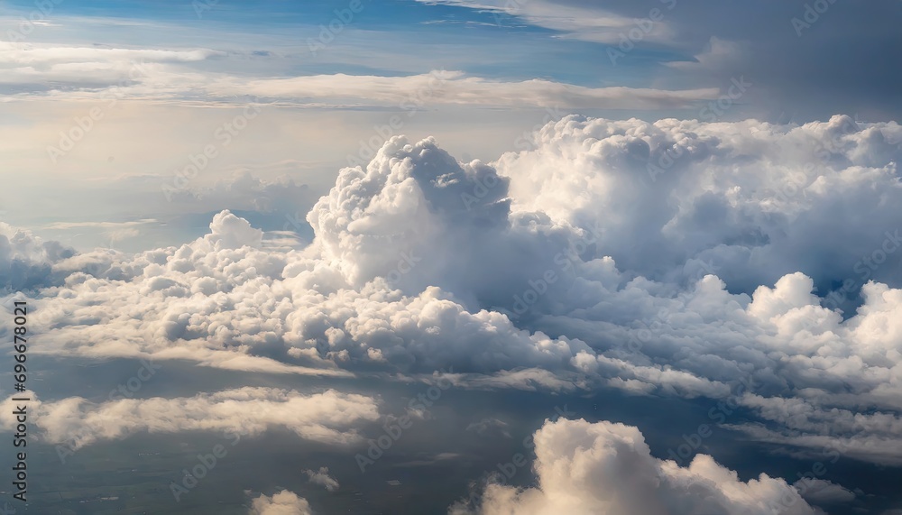 High nature view large white clouds on soft sky background in the morning, View of white cloudy on the plane.
High nature view large white clouds on soft sky background in the morning, View of white cloudy on the plane.
