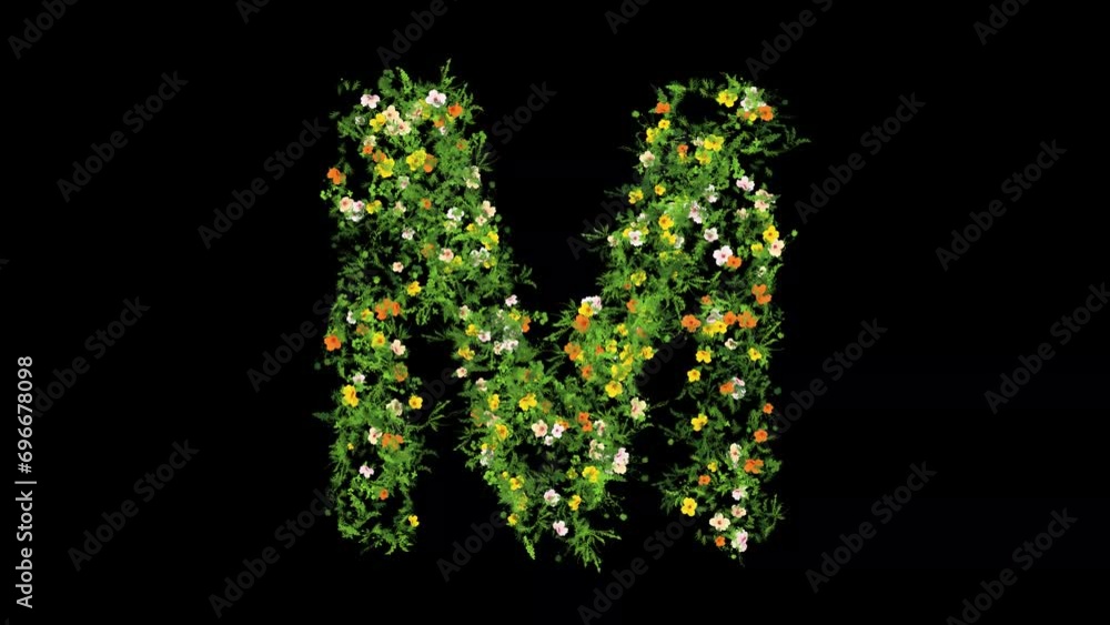 English alphabet M with grass and colorful flowers on plain black background English alphabet M with grass and colorful flowers on plain black background