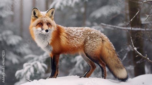 Red fox Vulpes vulpes on winter forest meadow. Generative AI © Fuji