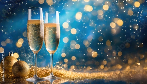 Champagne toast celebration with golden glitter on blue abstract background and defocused bokeh lights.