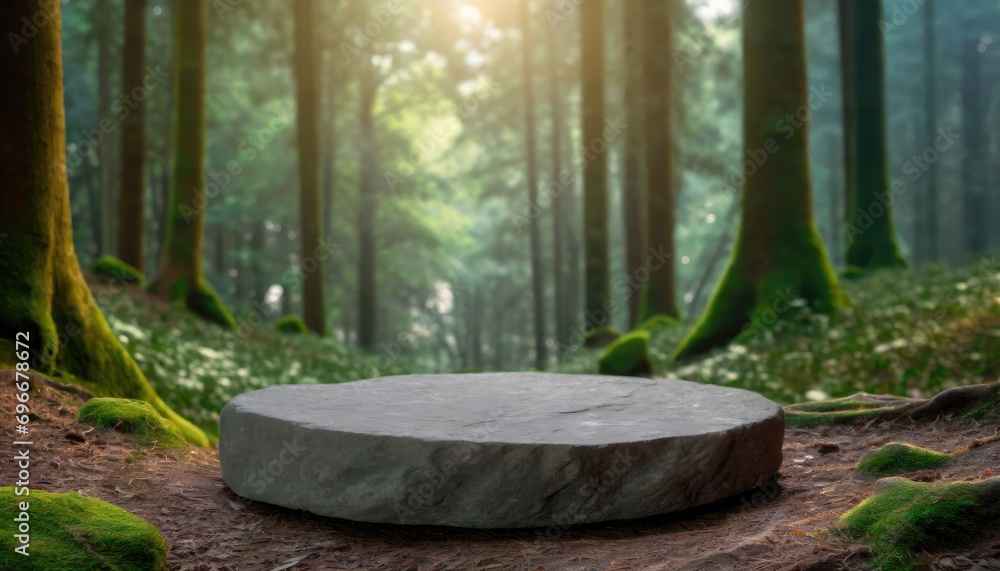 Flat stone podium in the magical forest, empty round stand background. Flat stone podium in the magical forest, empty round stand background.