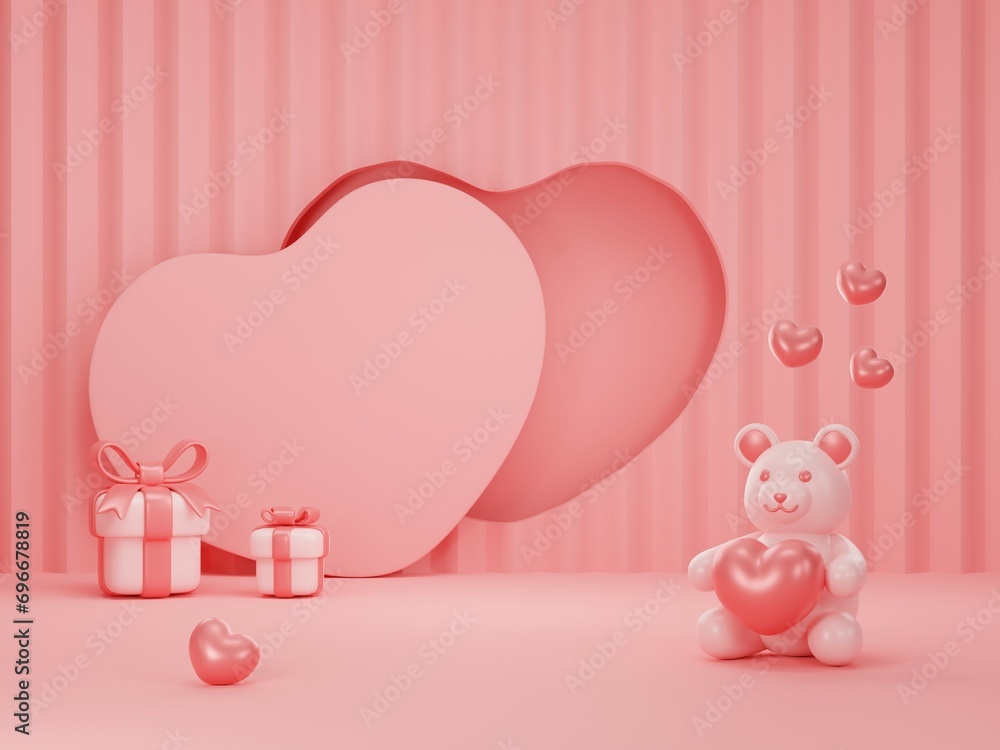 pink background with hearts, gift boxes, and a teddy bear