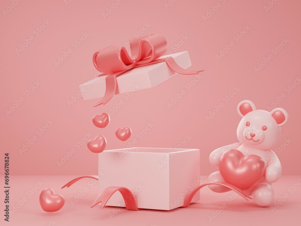 pink background with hearts, gift boxes, and a teddy bear